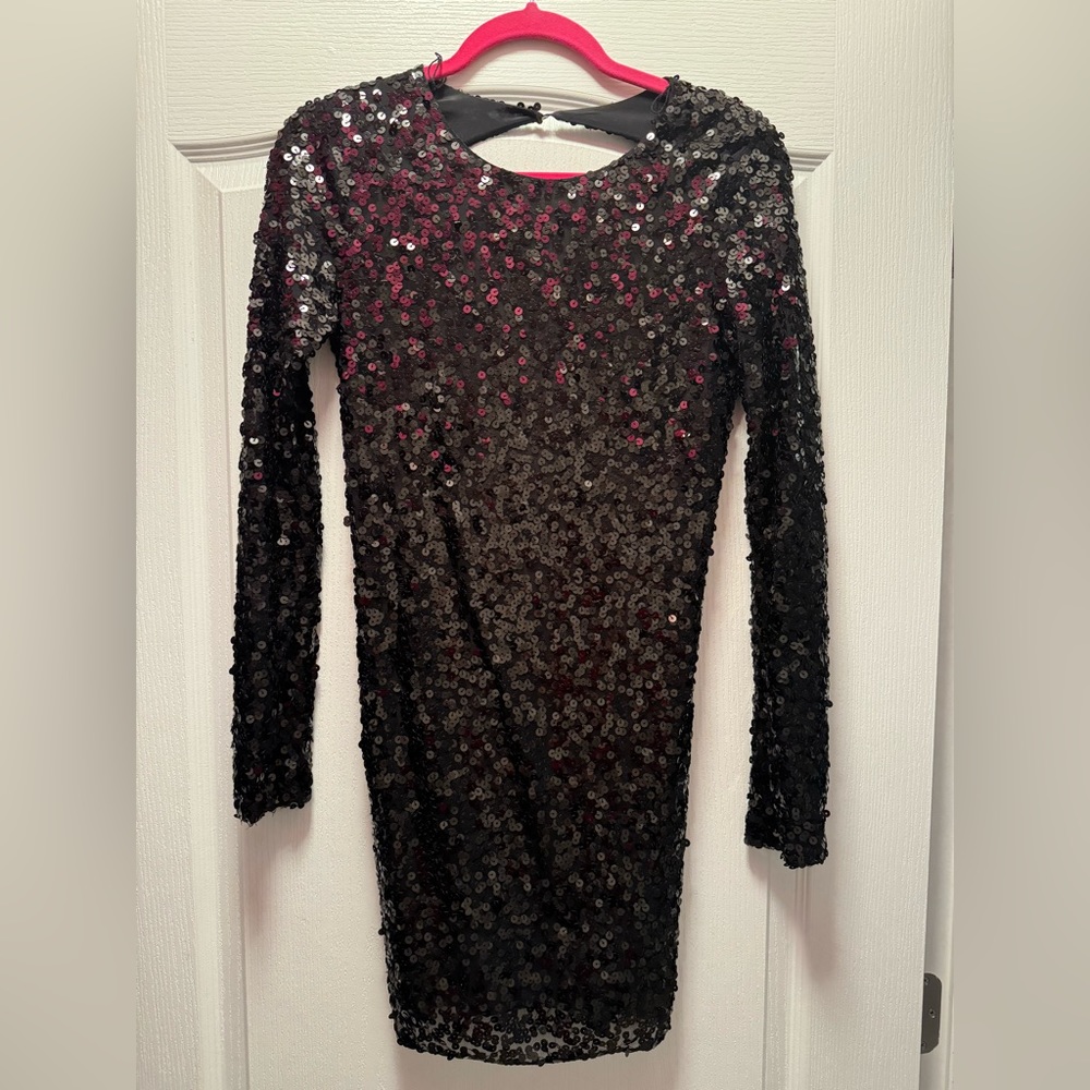 DKNY black, all over sequin, backless mini dress